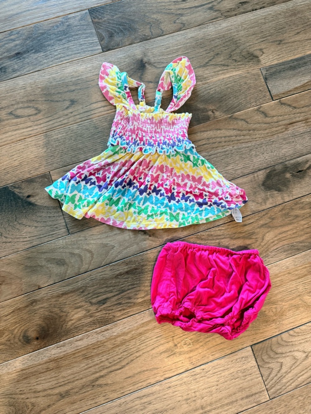 Posh Peanut Rainbow Butterfly smocked flutter sleeve babydoll top & bloomer set
